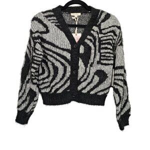 Jessica Simpson Eyelash Knit New Black & Gray V Neck Button Up Cardigan Sweater